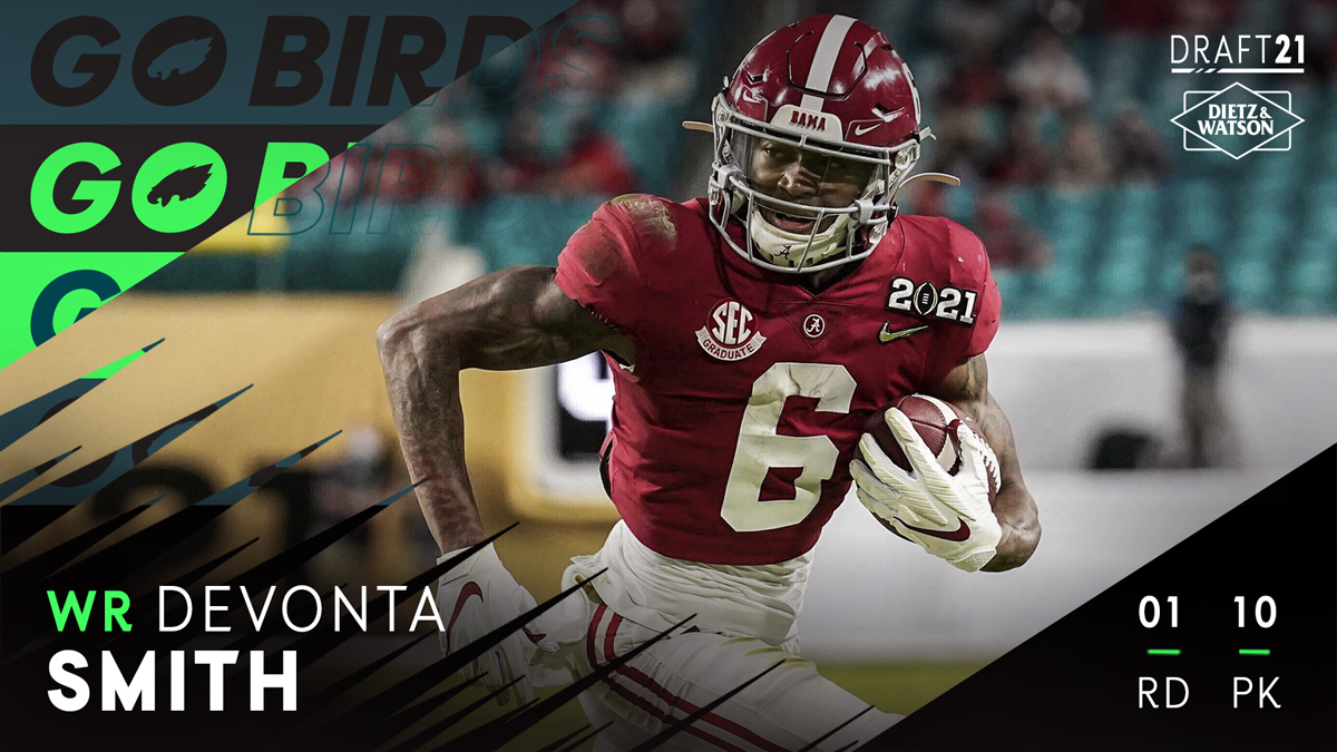 With the 10th pick in the 2021 #NFLDraft, the Eagles select WR Devonta Smith. @DietzandWatson | #EaglesDraft