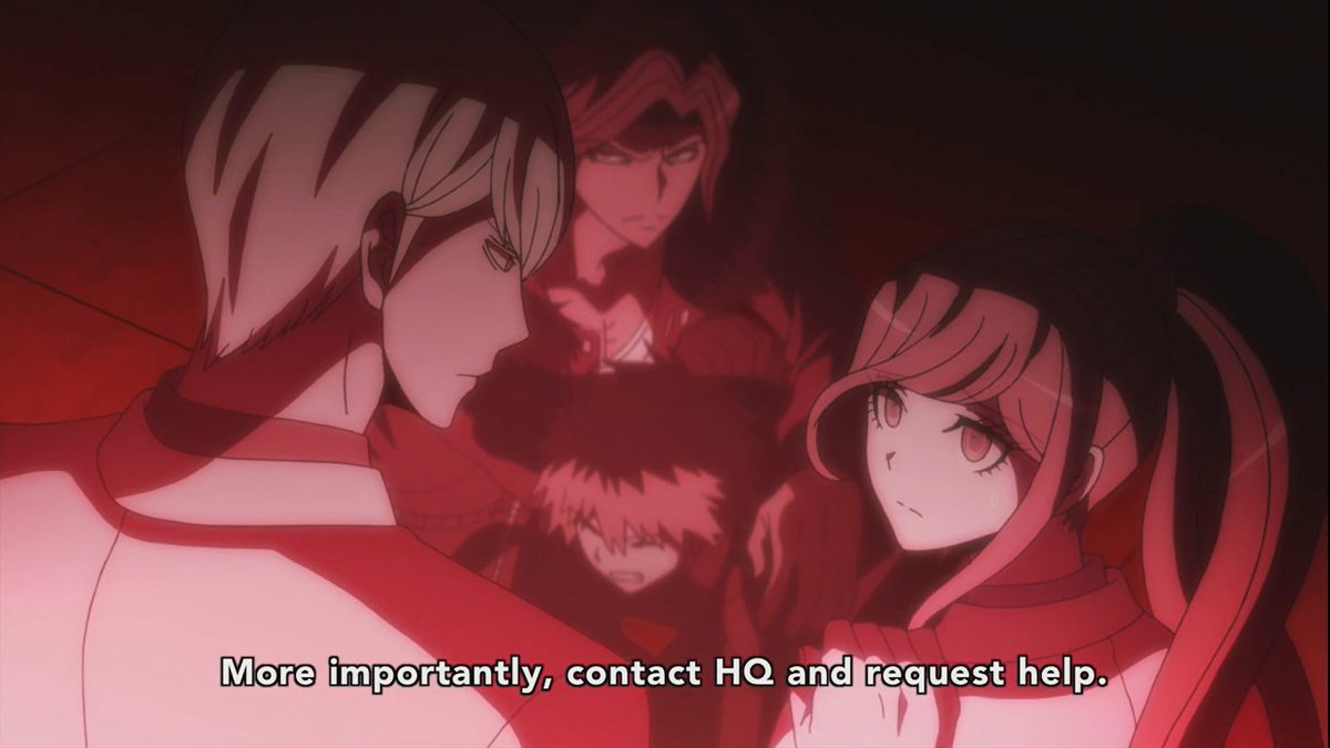 Did she have to die for this to work? Likely. As a despair, she had no problem dying. It& #39;s ironic, because Kyosuke sends her to stand right next to the monitor. Could she have known about the video? I think she might have suspected it. She went and stood by it willingly. +