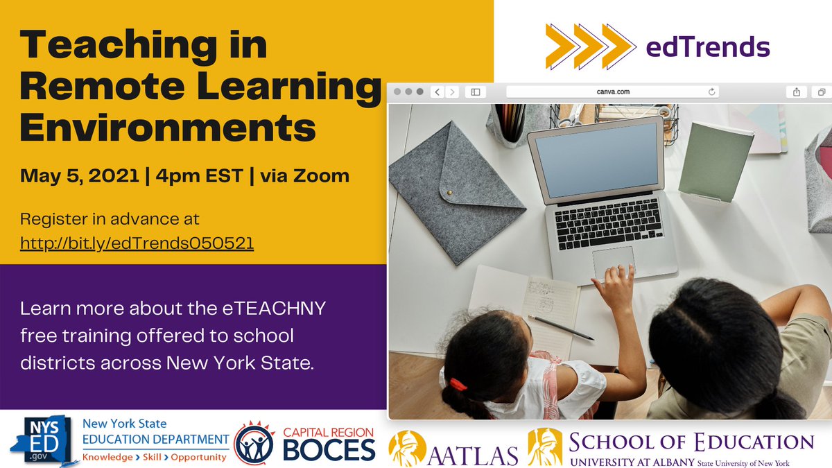AatlasEd's tweet photo. Next week, Wednesday, May 5 at 4 PM EST, on edTrends learn about the eTEACHNY free trainings. Presented by the New York State Education Department and the Capital Region BOCES. Free | Registration Required: 
https://t.co/K17GQV4980 https://t.co/k7RskGCn84