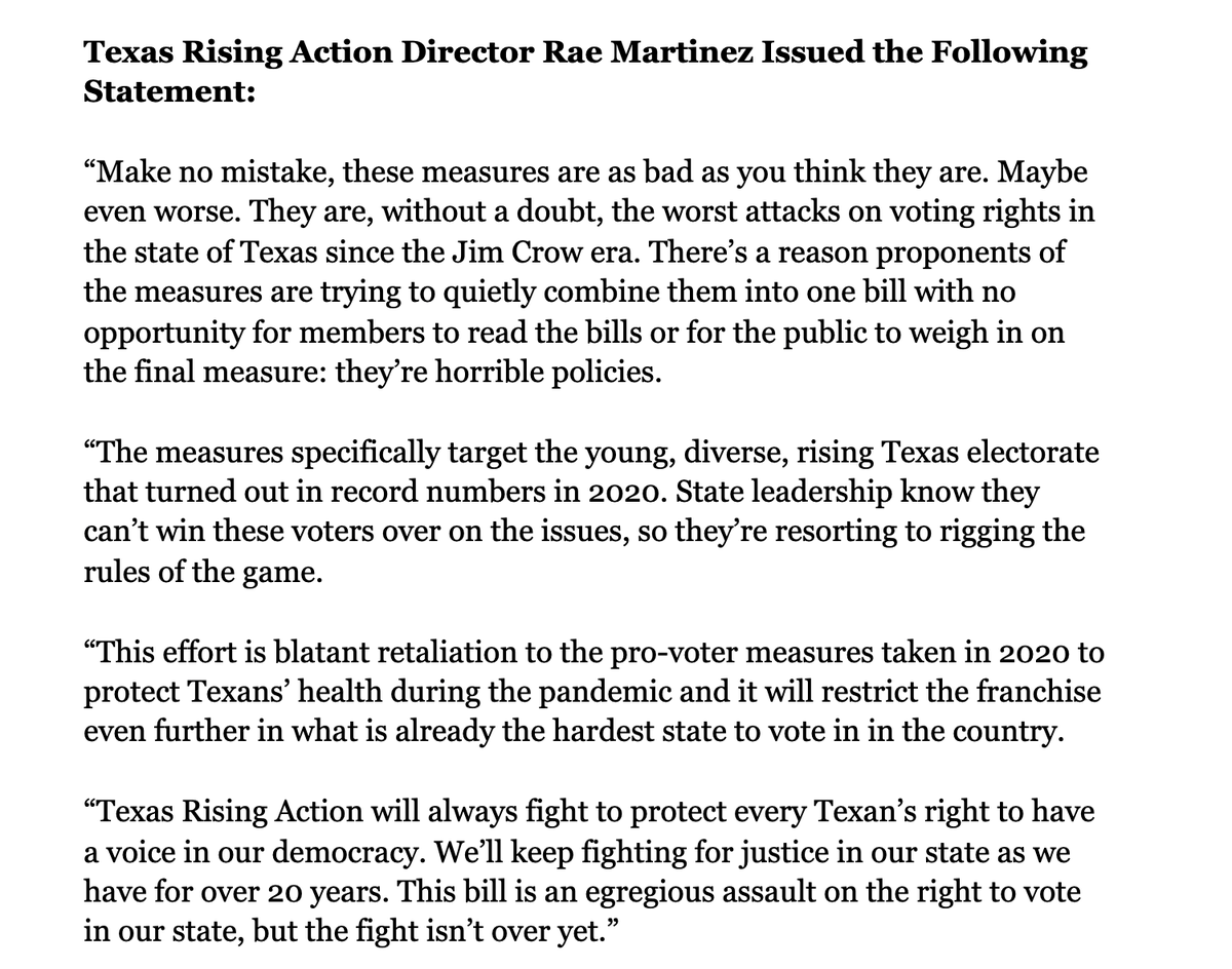 TFN's youth organizing program,  @texrising, is committed to stopping these voter suppression bills. Texas Rising Action Senior Director Rae Martinez has the following statement on what happened today.  #HB6  #SB7  #txlege