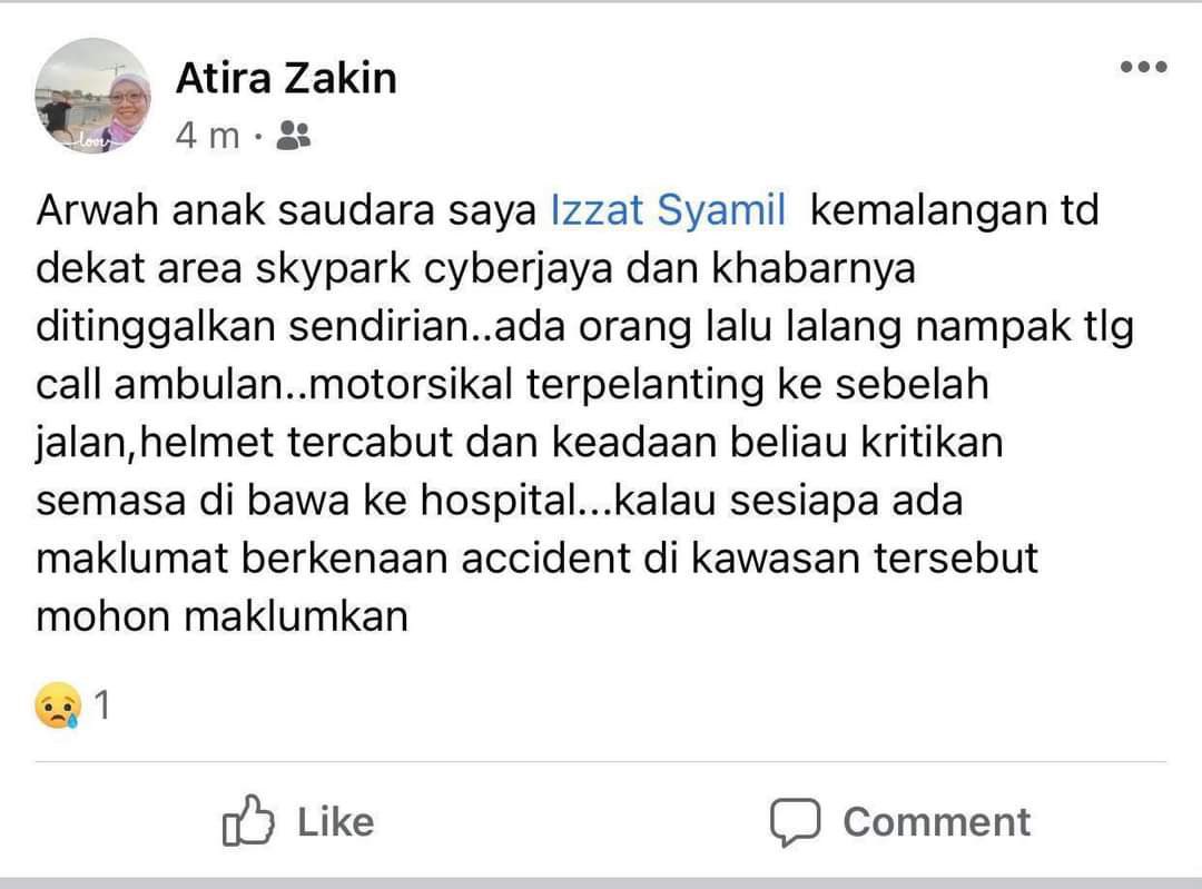 Cyberjaya Info On Twitter Ada Tak Saksi Kemalangan Ni Kat Area Skypark Cyberjaya Semalam Kejadian Sekitar Jam 3 Petang Sesiapa Yang Ada Info Boleh Pm Atira Zakin Di Facebook Https T Co Agtx88cwwz Twitter