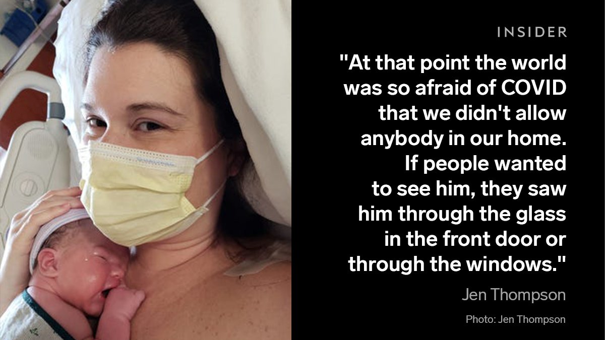 Jen Thompson’s husband watched his son come into the world via FaceTime. They finally met in person in the hospital parking lot 24 hours later.As they left, they arrived home to a new challenge: navigating newborn care without the help of family. https://www.insider.com/pandemic-babies-turn-one-moms-reflect-year-challenges-2021-4