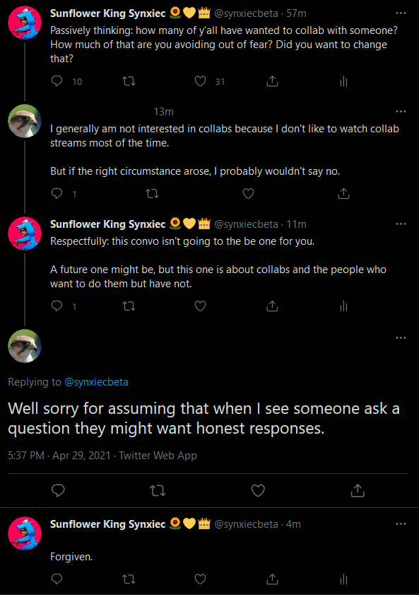 Just minutes ago, I had this particular conversation on this application. Here's the sum up:topic was indicationperson appears to tell me this isn't for themi explain this convo isn't for them"sorry for thinking you wanted an honest opinion" It's... unnecessary. /2