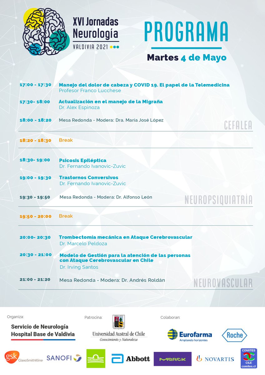 fame_uach's tweet photo. 📢¡Faltan pocos días! para las XVI Jornadas de Neurología 2021 Revisa el programa👇

🗓️Martes 4,miércoles 5 y jueves 6 de mayo desde las 17:00 hrs.

📲Inscripciones y consultas: neurolog@uach.cl

@UAustraldeChile #Valdiviacl @H_BaseValdivia @ssaludlosrios @ispuach @VIDCA_UACh https://t.co/zwhEXf1iK4