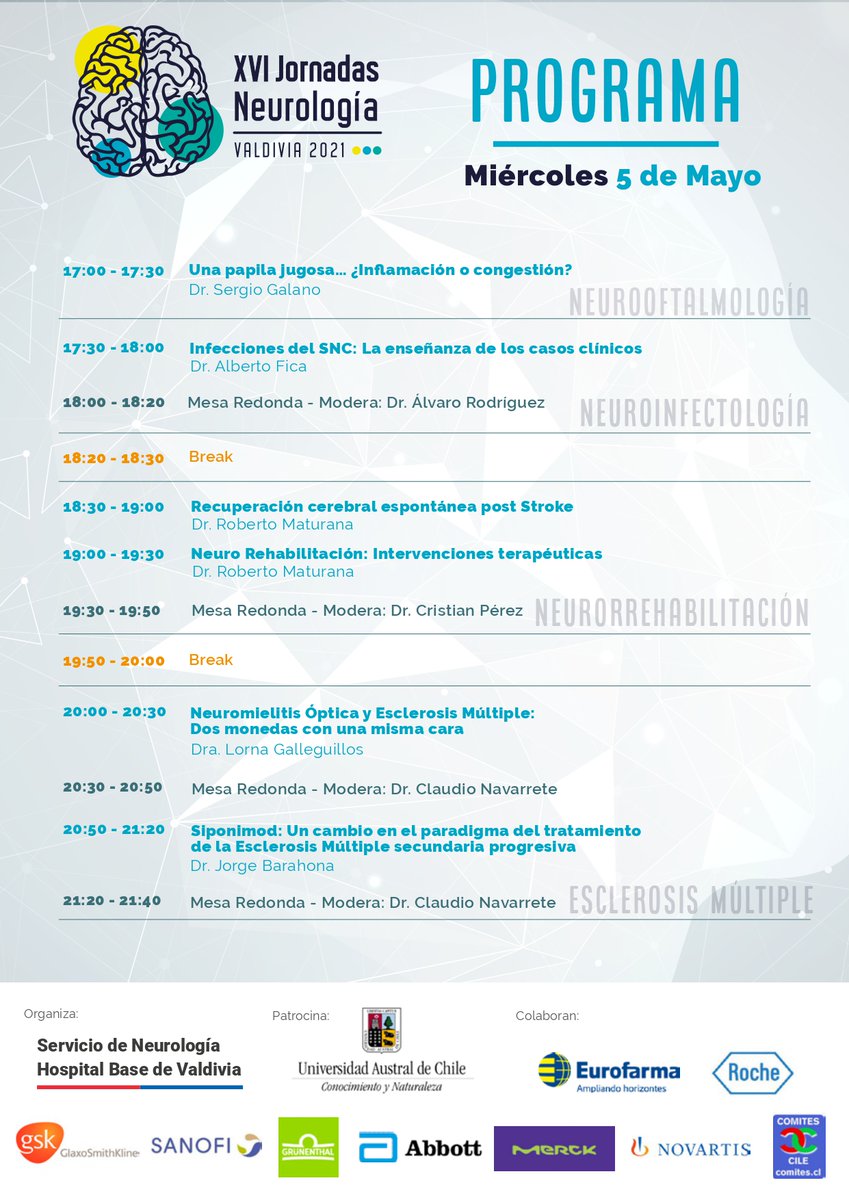 fame_uach's tweet photo. 📢¡Faltan pocos días! para las XVI Jornadas de Neurología 2021 Revisa el programa👇

🗓️Martes 4,miércoles 5 y jueves 6 de mayo desde las 17:00 hrs.

📲Inscripciones y consultas: neurolog@uach.cl

@UAustraldeChile #Valdiviacl @H_BaseValdivia @ssaludlosrios @ispuach @VIDCA_UACh https://t.co/zwhEXf1iK4