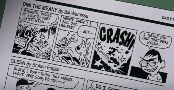 the fake newspaper comics in this scene are some blink-and-you-miss-it gold. 