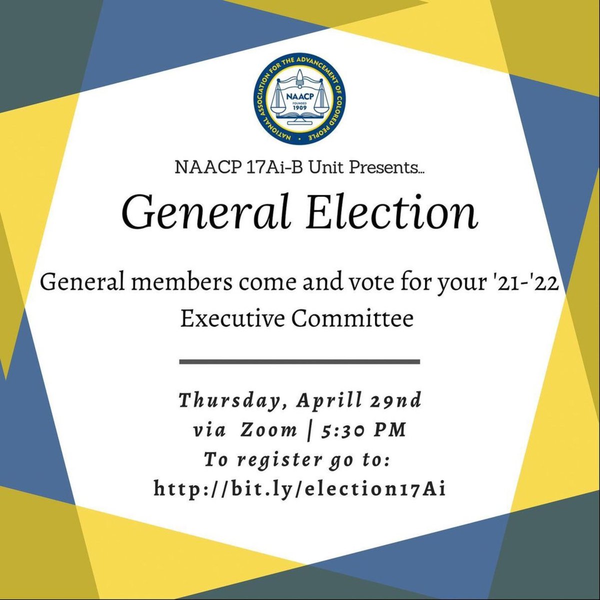 FS_NAACP's tweet photo. OUR ELECTION IS TODAY at 5:30 PM via Zoom  🎉 💙💛

Interested in becoming a part of the Fresno State Oldest &amp; BOLDEST ‘21-‘22 Executive committee?

Come to our General Election to nominate &amp; vote for yourself or someone you know is interested! 

Zoom registration link in bio! https://t.co/RzlfgxTptP