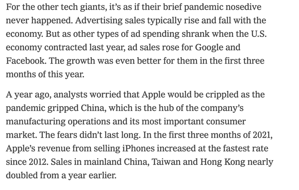 I cannot explain how wild all these numbers are. There is a pandemic. The U.S. economy contracted last year. It was no sure thing that big tech companies would do fine. {NARRATOR's VOICE: THEY DID VERY FINE.} https://www.nytimes.com/2021/04/29/technology/big-tech-pandemic-economy.html