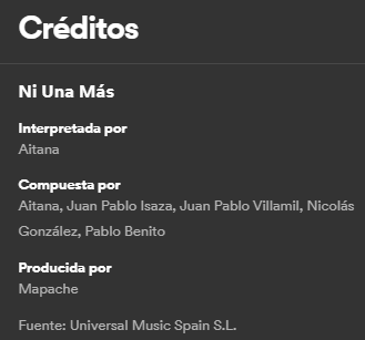 umcasira's tweet photo. #NiUnaMas 
Aitana - Ni Una Más

En Spotify tambien, con sus creditos
https://t.co/UFem3d7z5Y https://t.co/uyCUH56Qy3