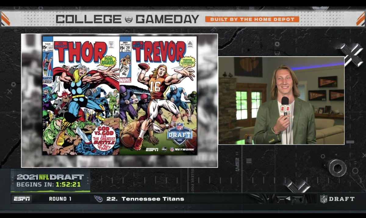 ClemsonFBRoss's tweet photo. "They need a raise for sure." - Trevor Lawrence to @CollegeGameDay on those responsible for his biceps on this Marvel mashup. https://t.co/QsbaFzB9cK
