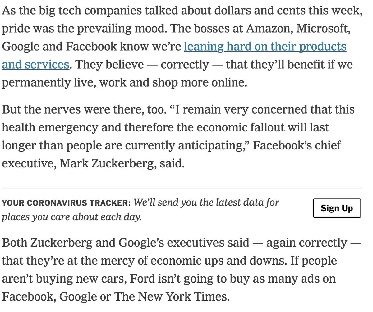 A year ago, I really didn't think Big Tech would do awesome IN A PANDEMIC. {NARRATOR's VOICE: I WAS WRONG.} https://www.nytimes.com/2020/05/01/technology/coronavirus-big-tech-earnings.html