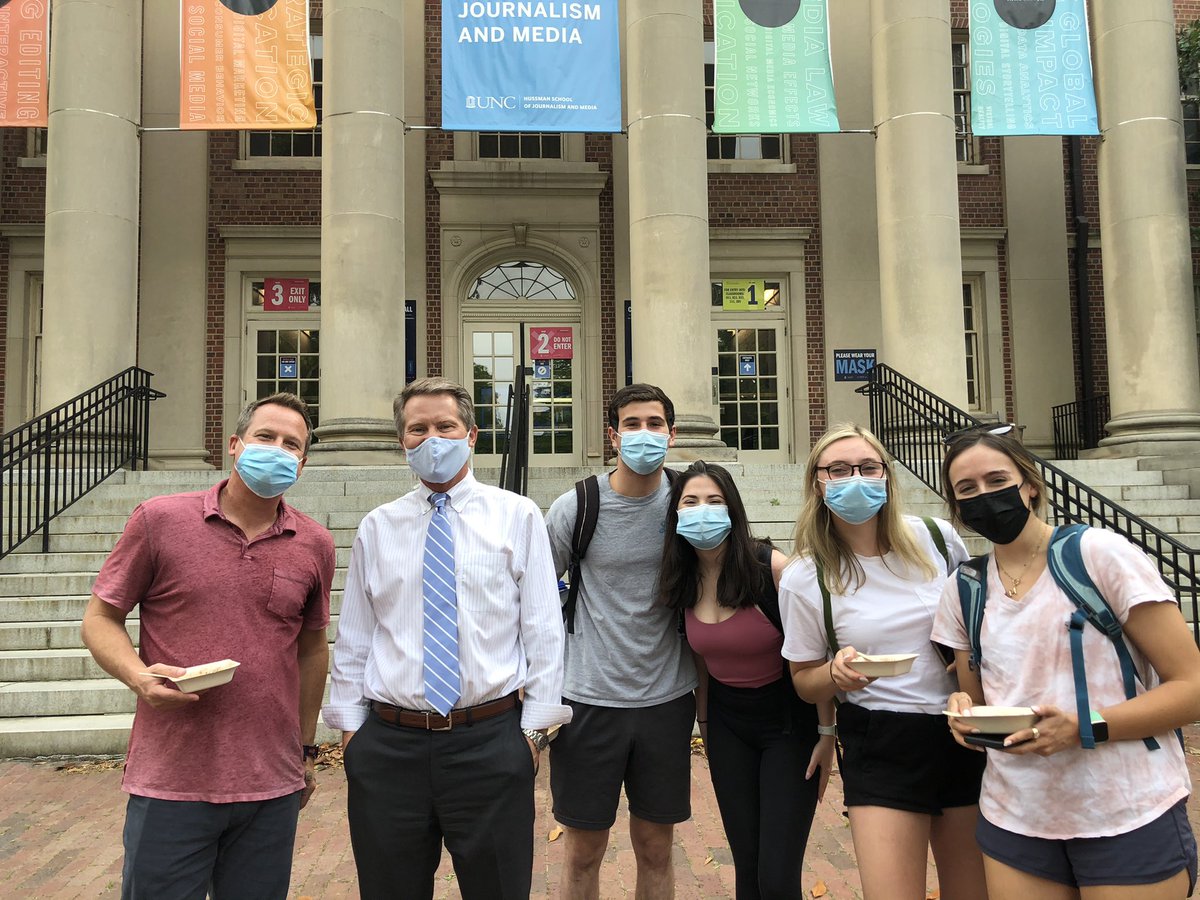 DeanSusanKing's tweet photo. Ice cream to celebrate end of semester !! Look who showed up. @KevinGuskiewicz @NMTIFAMP and his @UNCHussman students.  Not your usual semester but we are so proud of our students ! https://t.co/OT04ZcnUXR