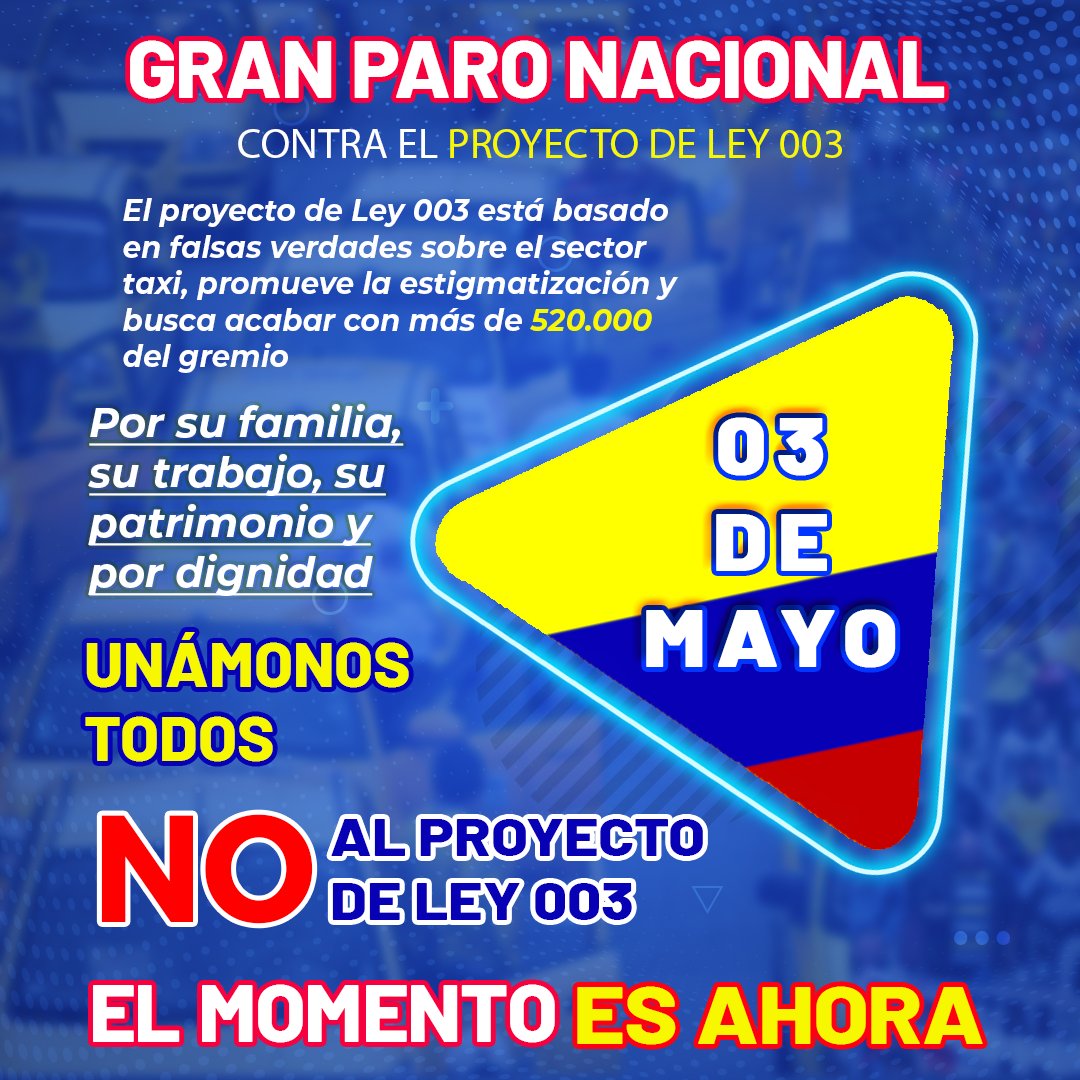 El Proyecto de Ley 003 Permite la prestación del servicio de transporte individual en vehículos particulares. (Art 13).

NO al proyecto de Ley 003, No a los engaños promovidos por Mauricio Toro 🚫

#SiempreUnidosSiempreTaxi