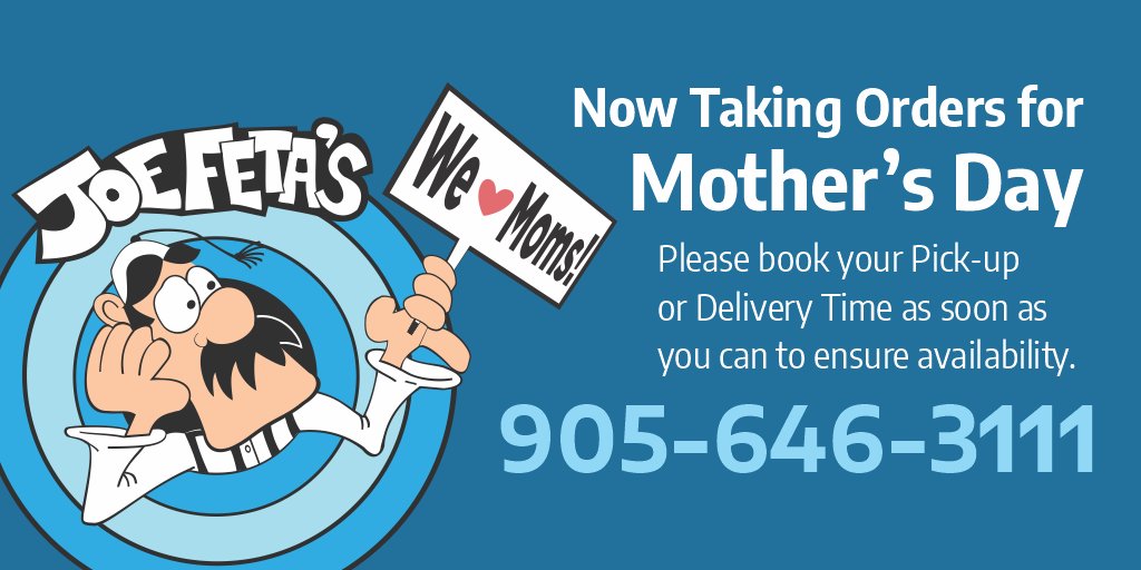 joefetas's tweet photo. We are now taking orders for Mother's Day Weekend. Please place your order with pick-up or delivery time as soon as possible to ensure availability. Team Feta thanks you! See menu visit https://t.co/ZRks5R6AAp
#niagara #niagararestaurants #MothersDay https://t.co/RA2dDgKhB1
