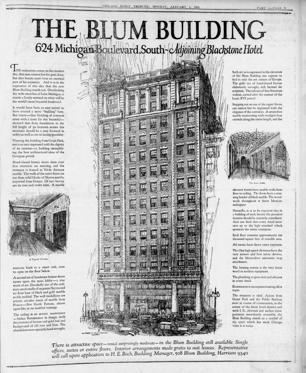 In 1922 Alschuler's addition was completed and Harry Blum’s specialty fashion department store, Blum’s Vogue, moved into the building. The upper floors were used for office space and for garment manufacturing.6/11