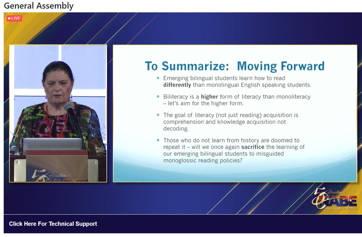 Very powerful message from Kathy Escamilla at #NABE2021 about "The Science of Reading and Emerging Bilingual Learners: ¡Ojo!"  Methods will not be blamed, the students and their community will be, so we cannot be misguided by monoglossic reading policies again