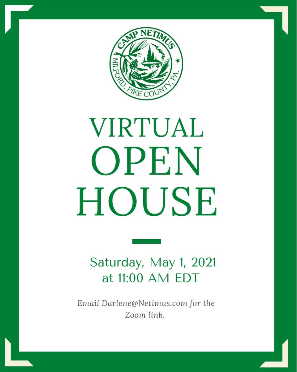 Camp opens soon! Come to a virtual Open House to 'meet' campers, staff, and directors and to have your camp questions answered! Email darlene@netimus.com for the Zoom link. 

#campnetimus #netimus #summercamp #campforgirls #girlscamp #summercampforgirls #pacamps