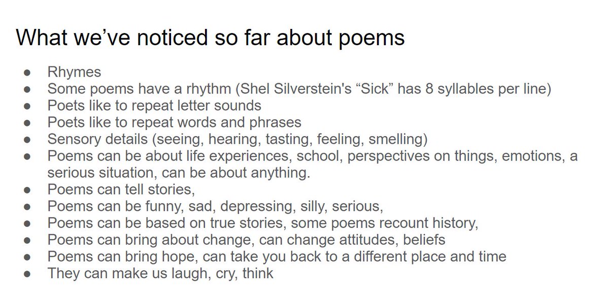 jaltheasmith's tweet photo. Today I asked my grade 6 virtual Ss what patterns they noticed about poems (@Niecsa we've been reading all sorts including "Hope is the thing with feathers").  This is what they said. @Heathermyrvold, @hughesmel84,@taskanji, @HughReynol  and @1GRTeacher  Come say hi. #poetry https://t.co/moBY1frbSe