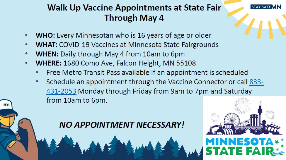 cityofsaintpaul's tweet photo. The @mnstatefair vaccination site is offering COVID-19 vaccinations through May 4 for anyone ages 16 years and older, regardless of zip code. Minnesotans from anywhere can walk-in or make an appointment by going online or calling 833-431-2053. 

https://t.co/0txDnTo84P https://t.co/28b1EPPUKx