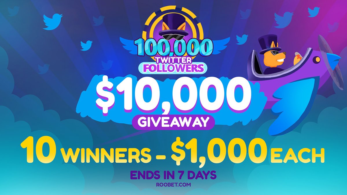 We are celebrating 100k followers with a $10,000 Giveaway!💰

10 Winners - $1,000 EACH!

-Follow
-Like and RT❤️
-Tag 2 friends
-Comment your Roobet Username🦘

Winners announced in 7 days ⌛️

Crypto's Fastest Growing Casino: roobet.com