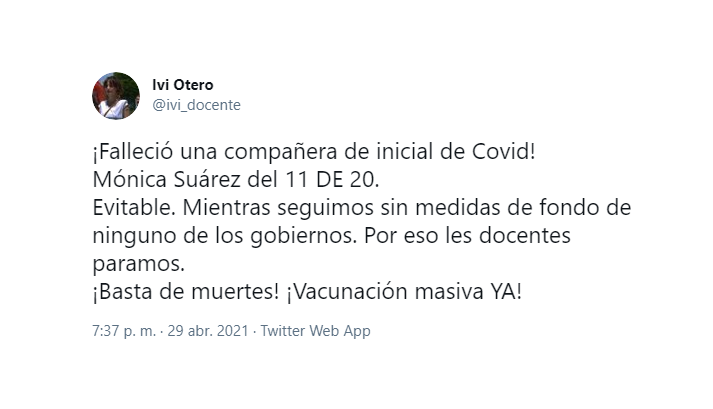 C5N's tweet photo. ⭕#ALERTA

Coronavirus: Murió otra docente en la Ciudad de Buenos Aires. Lo confirmó Ivi Otero, secretaria de Cultura de @AdemysPrensa. Ya son seis los trabajadores de la educación fallecidos https://t.co/Jd3olRqj57 https://t.co/Xh8zXdwycc
