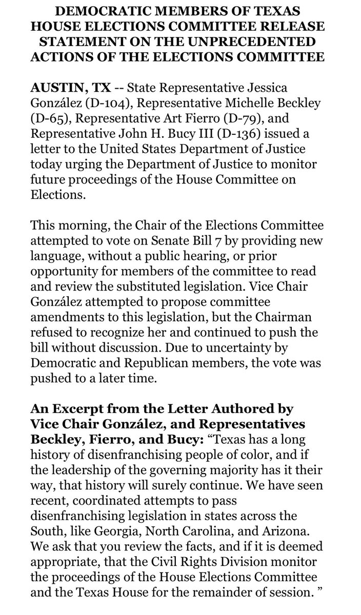BREAKINGDem members of the TX House Committee on Elections write Attorney General Garland and ask the DOJ Civil Rights Division to monitor future proceedings of the committee after the chair tried to force a vote on a sweeping voter suppression bill with no notice or hearing