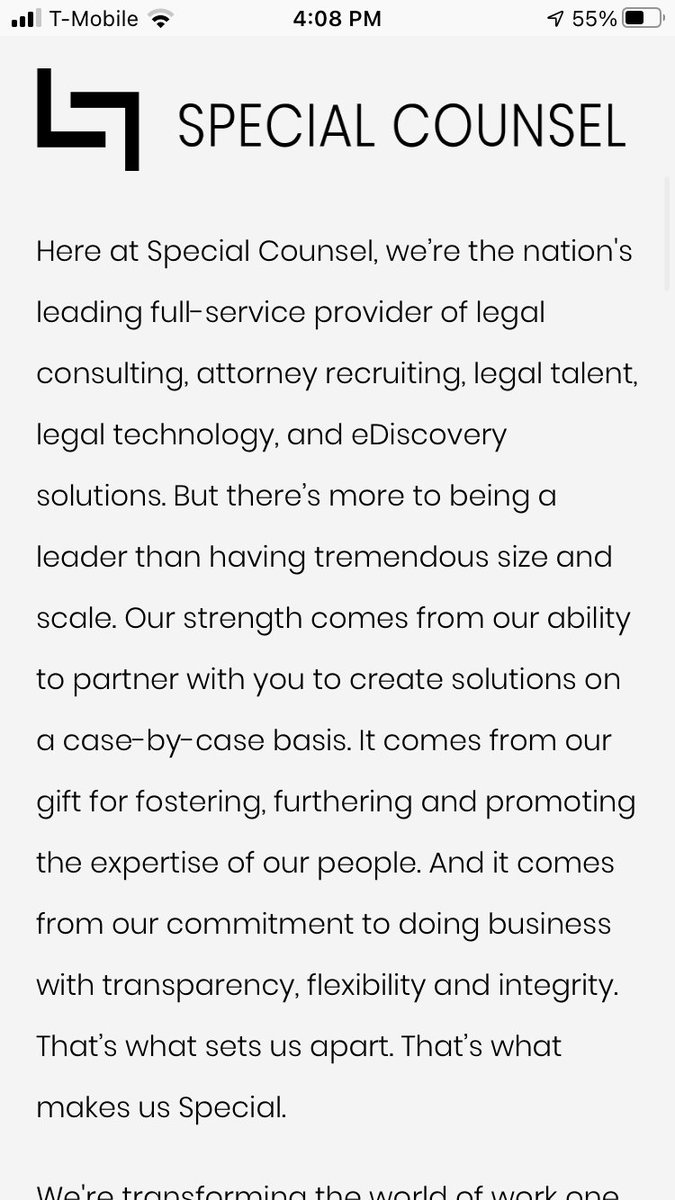 Well what is special counsel? See below. From what I gather from their website, they a temporary service support of lawyer. From my understanding, similar to a temp agency, that staffs for a company, but only on a case by case basis. While also promoting certain workers.
