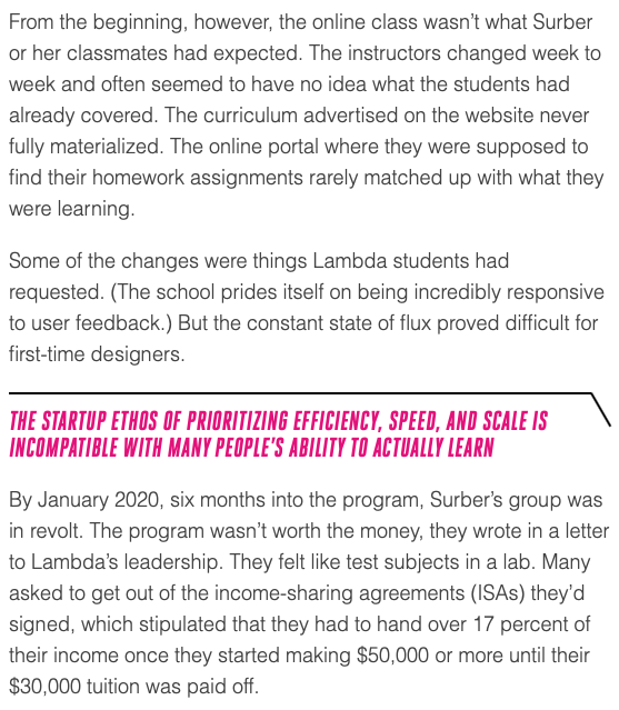 So, is Lambda done for?I am old enough to expect a good scammer to have more lives than a cat. But eventually, you have to imagine that Lambda's leaders' greed has outstripped their ability to deliver on promises. Education can only growth hack so far. https://www.theverge.com/2020/2/11/21131848/lambda-school-coding-bootcamp-isa-tuition-cost-free