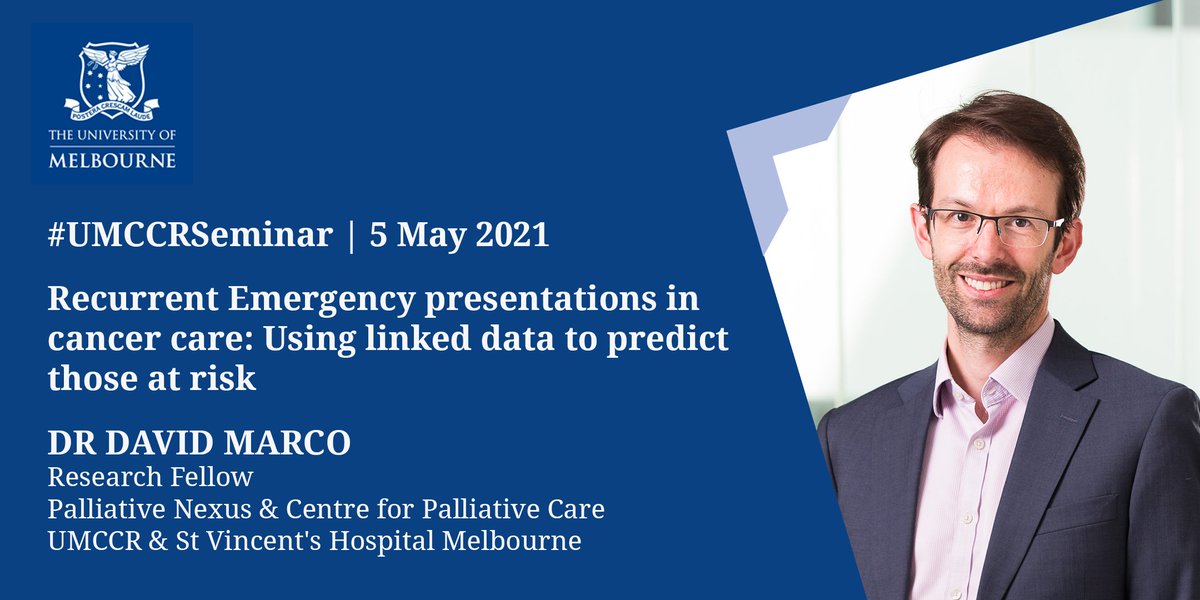 #UMCCRSeminar: Dr David Marco of <a href="/palmed_nexus/">Palliative Nexus</a> presents analysis suggesting that late palliative care involvement increases the likelihood of early re-presentation to emergency department in patients with advanced cancer. <a href="/JenAMPhilip/">Jennifer Philip</a>

REGISTER: mdhs.unimelb.edu.au/centre-for-can…