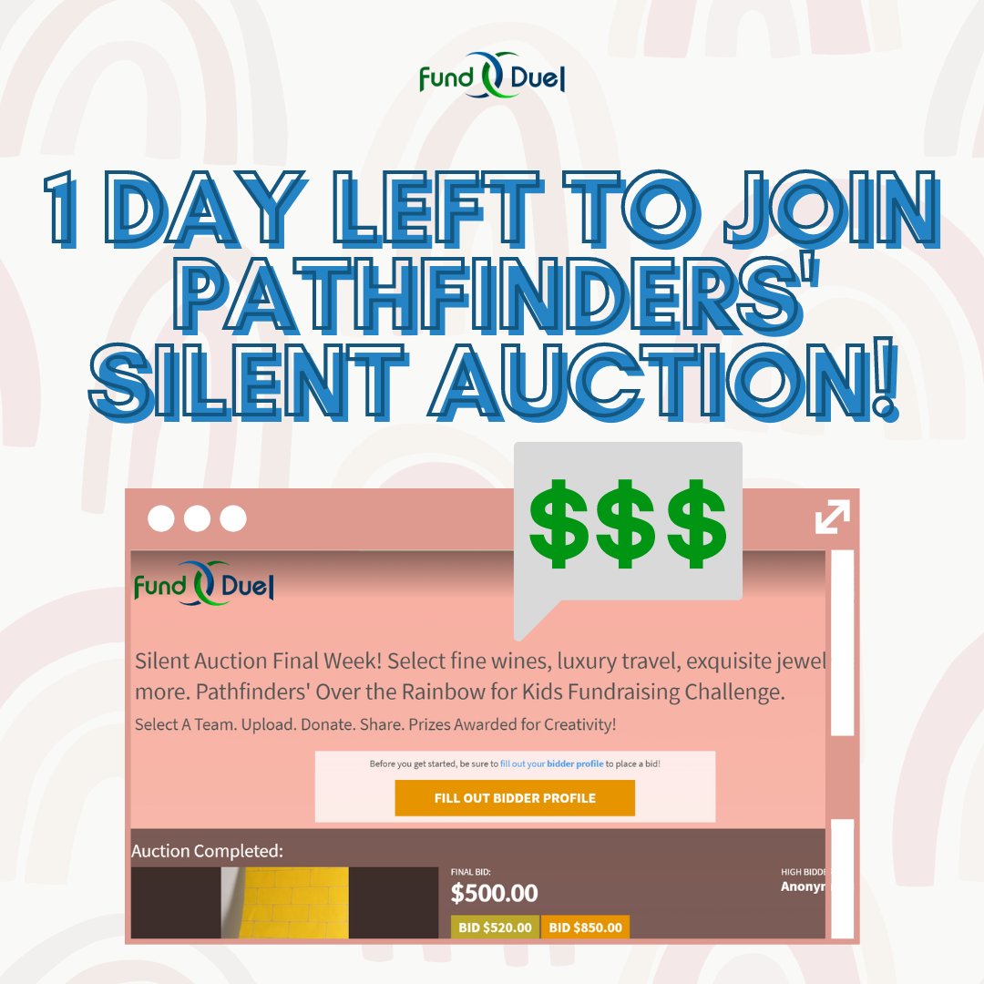 1 day left to join PATHFINDERS’ SILENT AUCTION!! Help PALM SPRINGS PATHFINDERS achieve their goal by joining the silent auction or donating to their fundraiser! 🤩

Join the auction here: fundduel.com/index.php/duel…

#FundDuel #PSPathfinders  #OvertheRainbowforKids #Donation