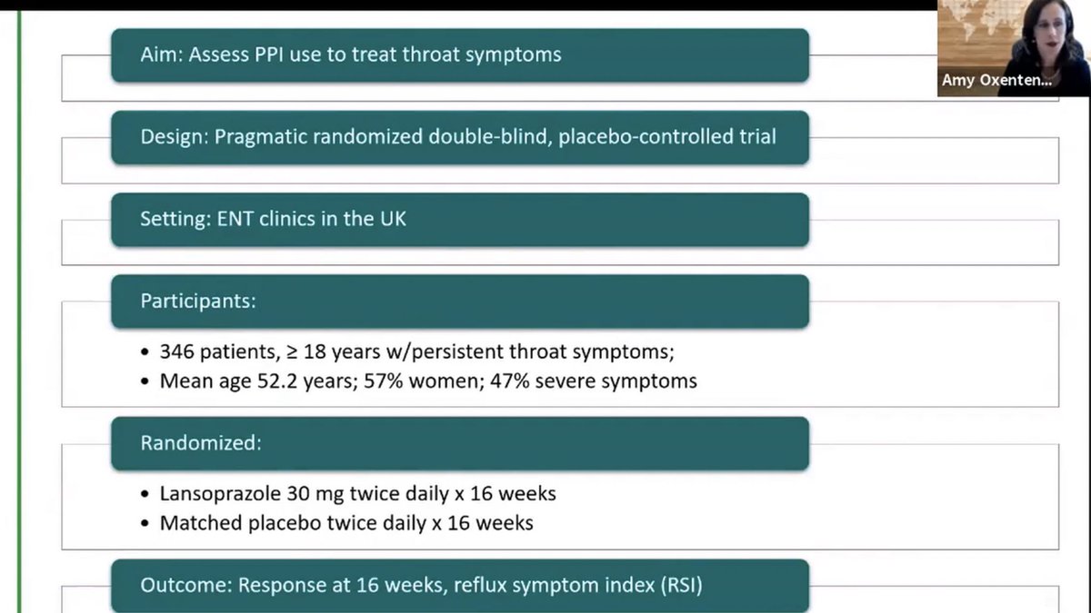 Paper 2: PPIs for persistent throat sxs? In R-DB-PCT trial:346 pts w/persistent throat sxs Lansoprazole 30 BID x16 wks vs placeboOutcome: rsp at 16 wks w/reflux sx index (RSI)FINDING: No statistical difference in RSI b/t the groups.  https://www.bmj.com/content/bmj/372/bmj.m4903.full.pdf