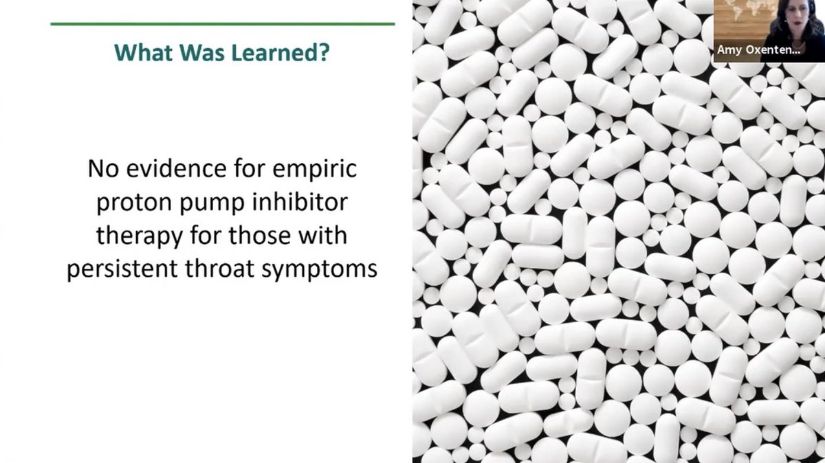 Paper 2: PPIs for persistent throat sxs? In R-DB-PCT trial:346 pts w/persistent throat sxs Lansoprazole 30 BID x16 wks vs placeboOutcome: rsp at 16 wks w/reflux sx index (RSI)FINDING: No statistical difference in RSI b/t the groups.  https://www.bmj.com/content/bmj/372/bmj.m4903.full.pdf