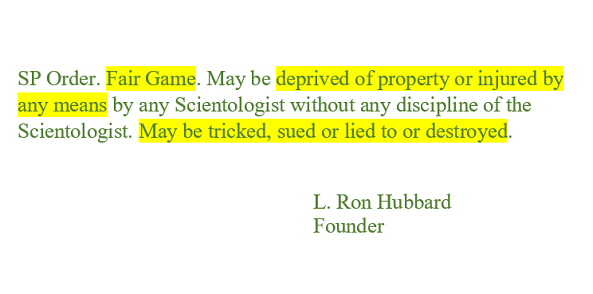 speaking of "fair game", a Scientology term, it actually appears in that first Son of Sam letter, "Prowling the streets looking for fair game—tasty meat.