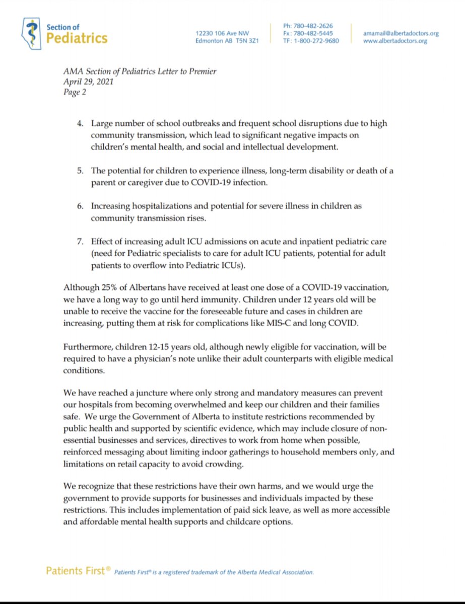 Apr 29/21Letter to Premier Pediatricians concerned about  #COVID19AB for children:- Potential increase MIS-C (multisystem inflammatory syndrome in children), causing inflammation of heart, lung, blood vessels, brain, and kidneys.Letter: http://albertazmsa.com/ezmsa /1