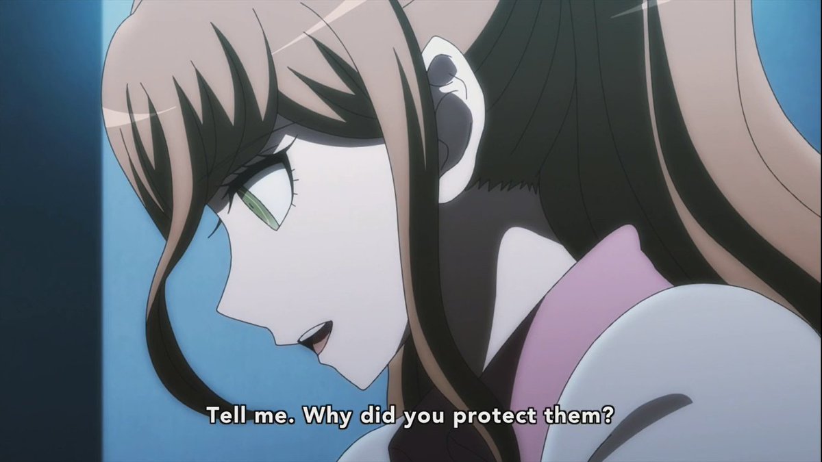 At the beginning of this scene, she& #39;s still clearly in her fake everyday persona, but once her students are brought up, her expressions start to appear more genuine. Knowing that she& #39;s a remnant herself, Makoto& #39;s mindset clearly intrigues her. +