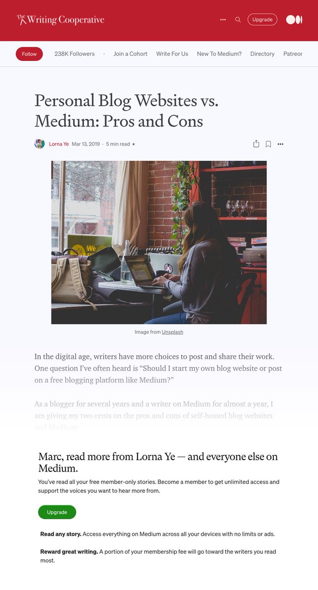 marcharrison's tweet image. It's ironic that, when I search for pros &amp;amp; cons of using Medium for a blog, I can't read one of the top results due to the paywall. Then, when I go incognito to avoid the paywall, the article doesn't even mention the paywall as a major con for Medium. I guess we have an answer.