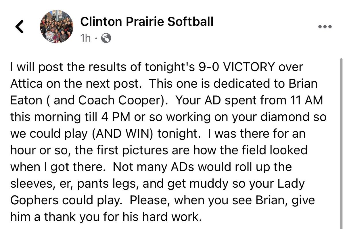 CPHSGophers's tweet photo. Sharing this post from the Clinton Prairie Softball Facebook page.  @GopherAD is the best in the business!  Thank you for your dedication to our student athletes! https://t.co/B4Xe2eYwbQ