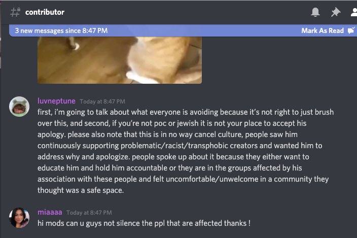 so i tried to talk about how ignoring the situation is messed up in karl’s contributor channel and the mods deleted my messages twice, as well as my friends who were also saying to not ignore the situation, and then told me to stop. i’m beyond upset.