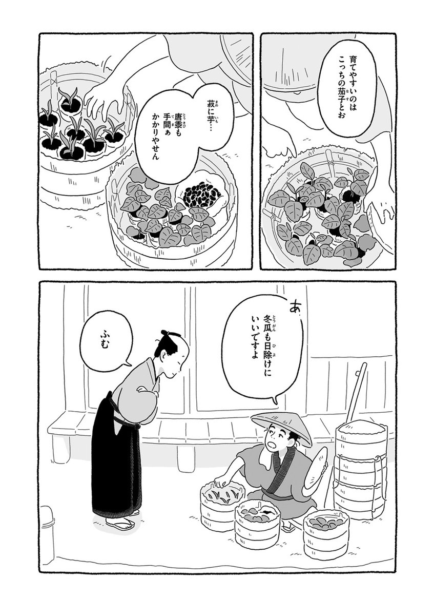 【江戸の人々がすごく普通に暮らす漫画】
ウルバノヴィチ香苗(@kanapeco)『まめで四角でやわらかで』第12話「畑仕事」を公開しました🐞
家計のため、趣味のため、町人もお侍も家庭菜園をよくしたそうで。新緑の季節は土いじりの楽しみもひとしおだったでしょうね🌽🌱
https://t.co/i5eTy7Axws