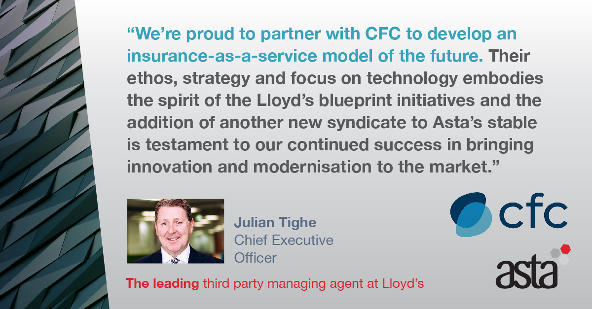 Our third launch of 2021 following <a href="/Mosaic1609/">Mosaic Insurance</a>  syndicate and MGA Paul Witzenfeld. Congratulations to all @cfcunderwriting . The Asta team looks forward to working with you to make <a href="/LloydsofLondon/">Lloyd's</a> syndicate 1988 a success. bit.ly/3gQY9ge