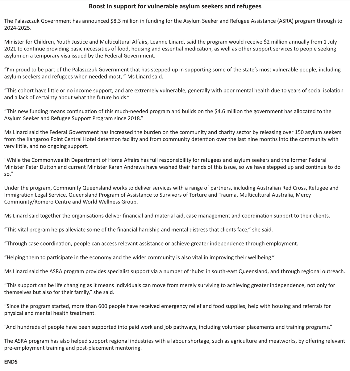 StefArmbruster's tweet photo. Qld govt allocates $8.3m support funding for #refugees including '150 released into community from #KangarooPoint by Home Affairs' after 'Dutton and Andrews wash hands of issue'. Via @LeanneLinard (30 April 2021).

#Manus
#Nauru
#KP120
#auspol
#qldpol https://t.co/dFppitTW1B