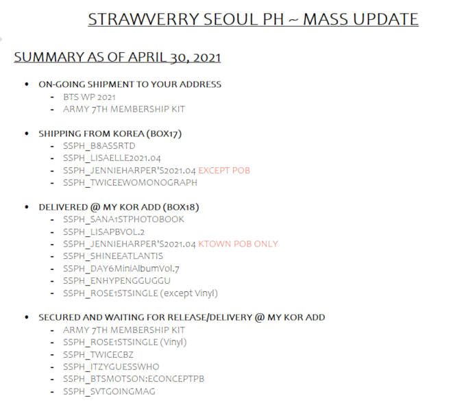 StrawVerrySPH's tweet photo. MASS UPDATE as of Apr. 30, 2021

Please read carefully below ✨

Thank you for your patience and understanding 🤗💜

Don't hesitate to DM us if you have any concerns/questions.

#StrawVerryUpdates 🍓 https://t.co/eAwE6XysJr