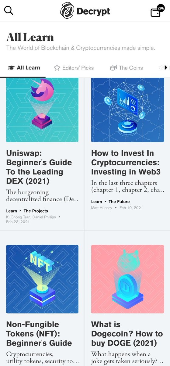 Everything in the  @decryptmedia "Learning" section. seriously, all  #TradFi  #FinTwit folks & even regular layperson  #crypto newbies should check out their articlesAnd you get to test out their new blockchain reader token DCPT https://twitter.com/readDanwrite/status/1372540996228104194?s=19