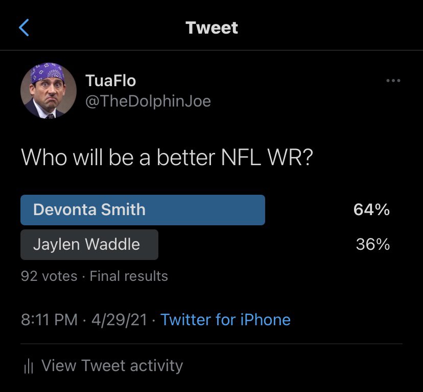 TheDolphinJoe's tweet photo. First poll was an hit before Miami drafted Waddle and second poll was right after they drafted Waddle https://t.co/g3ehlOxXG4