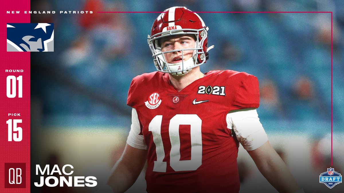 SNFonNBC's tweet image. Here comes the Mac! 

The @Patriots select Mac Jones with the 15th pick of the #NFLDraft.
