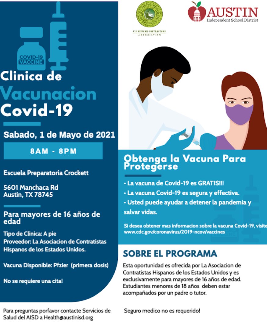 Hi families~ there are vaccine opportunities Friday &amp; Saturday. They are free &amp; no appointment required. It is the 1st dose of the Pfizer.

Hola familias ~ hay oportunidades de vacunas los viernes y sábados. Son gratis y no se requiere cita previa. Es la primera dosis de Pfizer.