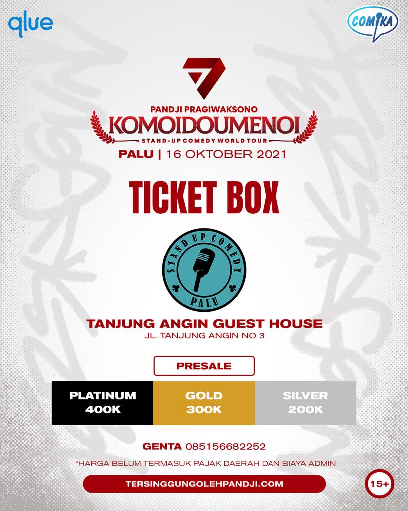 Pembelian TIKET WORLD TOUR BY <a href="/pandji/">Pandji Pragiwaksono</a>.pragiwaksono sudah dibuka dong untuk Kota Palu dan Sekitarnya!
Kami menyediakan TICKET BOX, bisa langsung DM, atau datang ke Jl Tanjung Angin no 3 di Tanjung Angin Guest House. CP: +62 851-5668-2252 (Genta)

#Komoidoumenoi