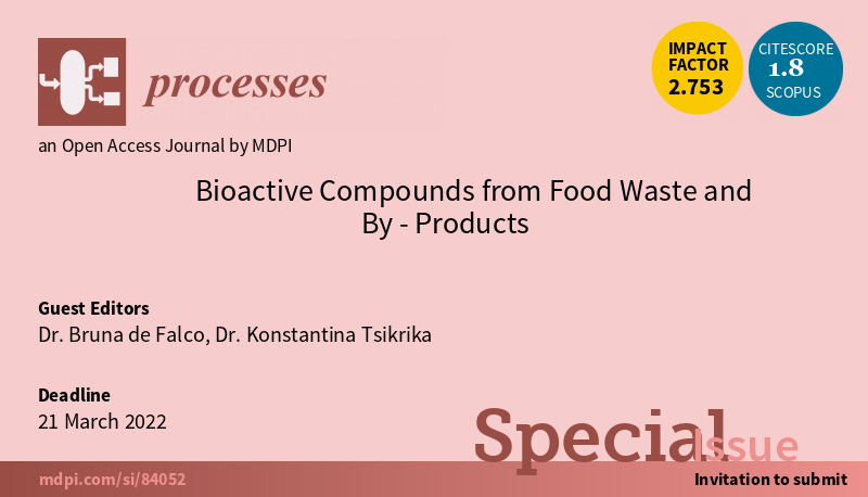 Processes_MDPI's tweet photo. #mdpiprocesses
Call for Papers for the Special Issue "Bioactive Compounds from Food Waste and By-Products"
Guest Editors: Dr. Bruna de Falco andDr. Konstantina Tsikrika
See homepage at: https://t.co/vhuyQwfpWg
#FoodWaste
#BioactiveCompounds https://t.co/5GYR0OOg8d