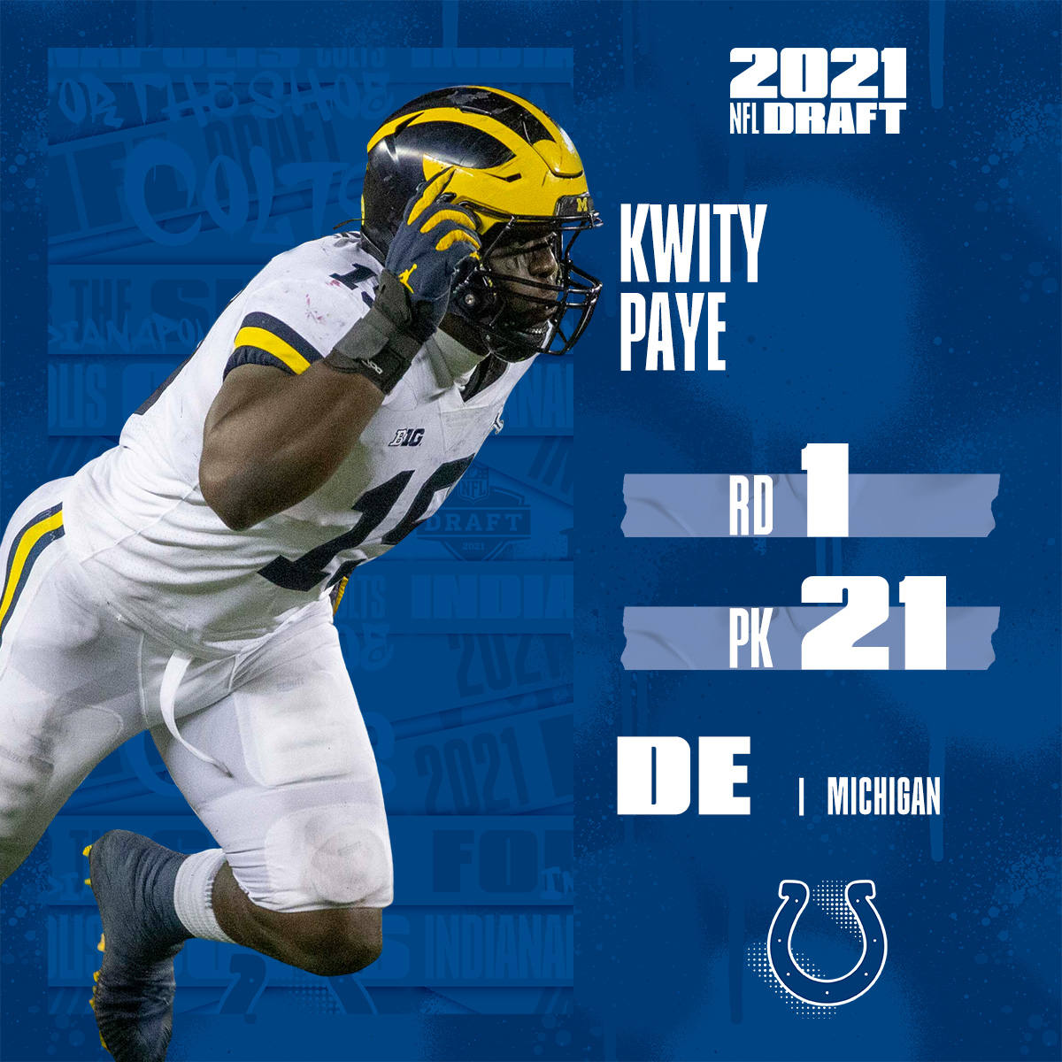 With the No. 21 overall pick in the 2021 <a href="/NFLDraft/">NFL Draft</a>, the <a href="/Colts/">Indianapolis Colts</a> select DE Kwity Paye!

📺: 2021 #NFLDraft on NFLN/ESPN/ABC