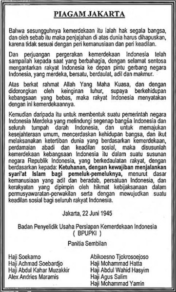PIAGAM JAKARTAPancasila yg jadi falsafah hidup Indonesia, sesungguhnya berbeda dengan rumusan aslinyaPada 1945, para tokoh nasional, menyepakati rumusan yg dikenal sebagai "Piagam Jakarta" Dalam perkembangannya, "Piagam Jakarta" tak jadi digunakan1/13